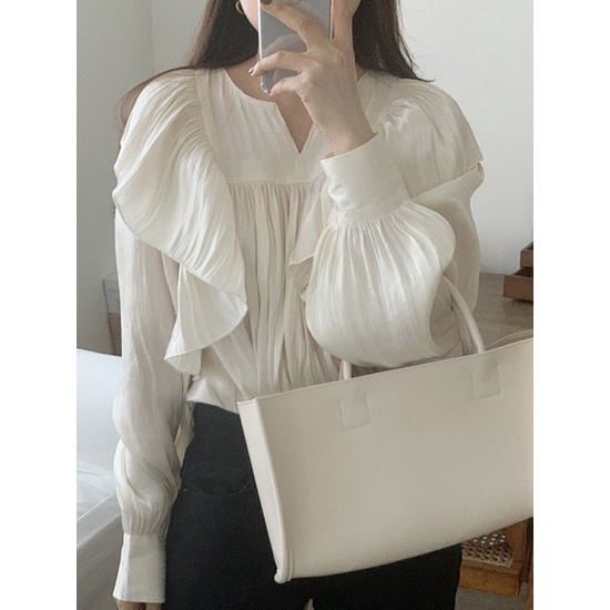 COZOK Áo Kiểu Phối Bèo Nhún Thời Trang Hàn Quốc Nữ Tính