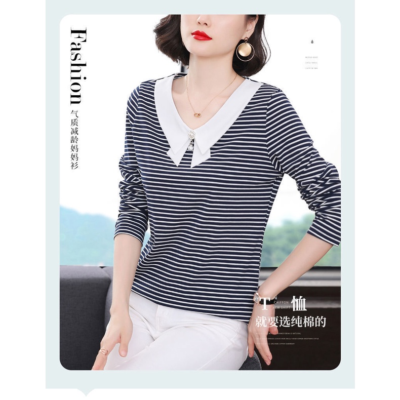 Áo thun tay dài dáng rộng họa tiết kẻ sọc thời trang cho phụ nữ trung niên