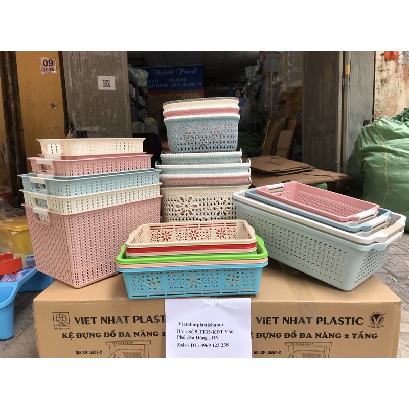 Rổ nhựa giả đan mây có quai cầm Việt Nhật, giỏ hoa 2 size màu pastel xinh xắn (MS: 3377)