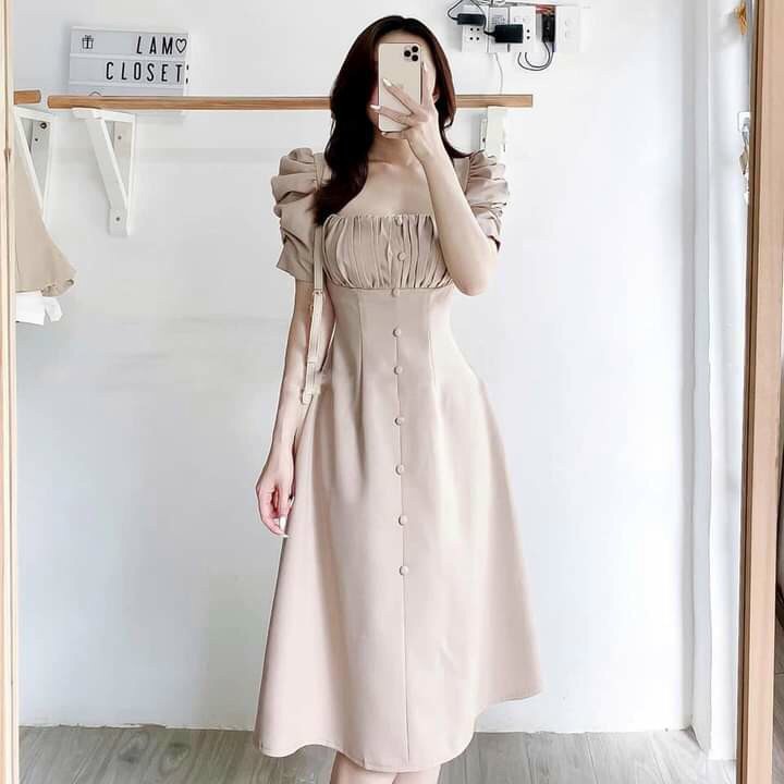 ĐẦM DỰ TIỆC CỔNG XẾP LY NÚT BỌC