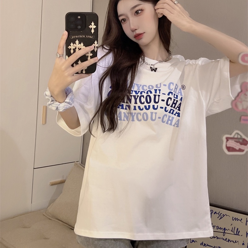 SUXI Áo Thun Ngắn Tay Cổ Tròn Dáng Rộng In Chữ Thời Trang Mùa Hè Cho Nữ