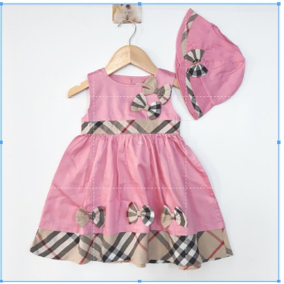 DG59-V-12- Váy tay con bé gái, phối sọc màu hồng, có nơ, kèm nón, made in Việt Nam-Nhóm màu:Màu hồng