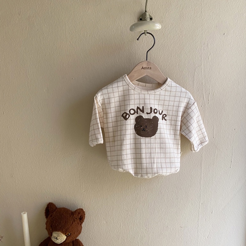 Áo thun mùa thu dành cho bé trai in hình gấu con màu trơn/ kẻ sọc caro thời trang