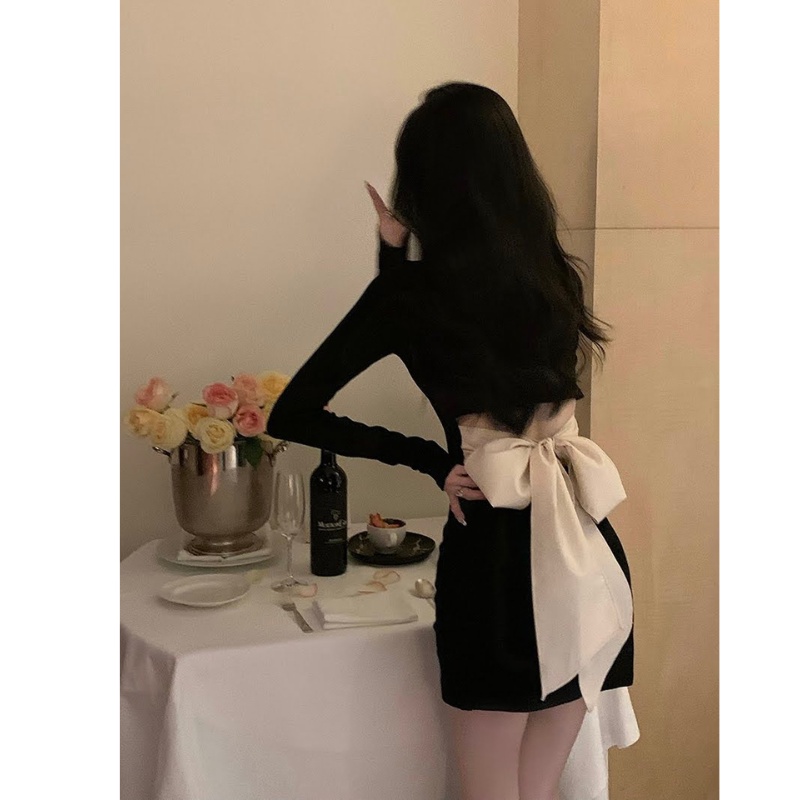 Đầm body hở vai tay dài TABISHOP Váy nữ ôm dáng hở lưng thắt nơ dự tiệc đi chơi siêu xinh