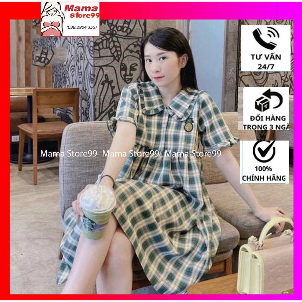 Váy Bầu Đầm Bầu Baby Doll Caro Cổ Cánh Sen Tay Ngắn Dáng Bồng Xinh Xắn Dễ Thương HN0264 Mama Store99