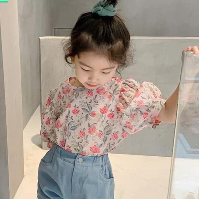 Áo bé gái sơ mi chất voan lụa tay bồng họa tiết hoa hồng mềm đẹp cao cấp