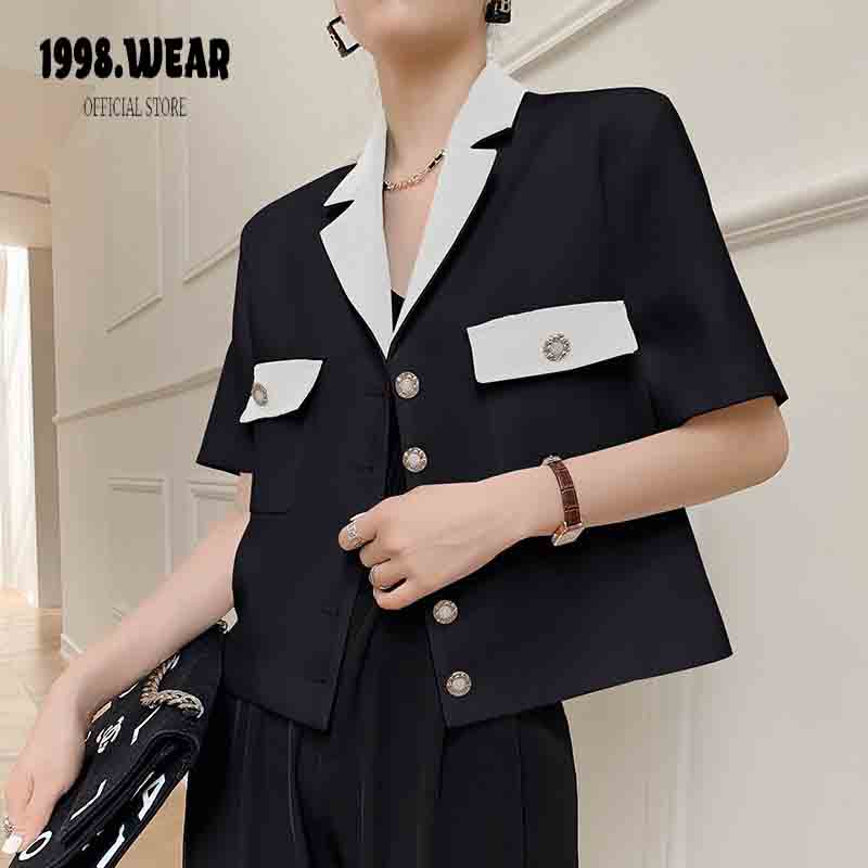 Áo vets ngắn crotop áo sơ mi blazer cổ vets túi nắp fom rộng thanh lịnh dành cho nữ-1998.Wear