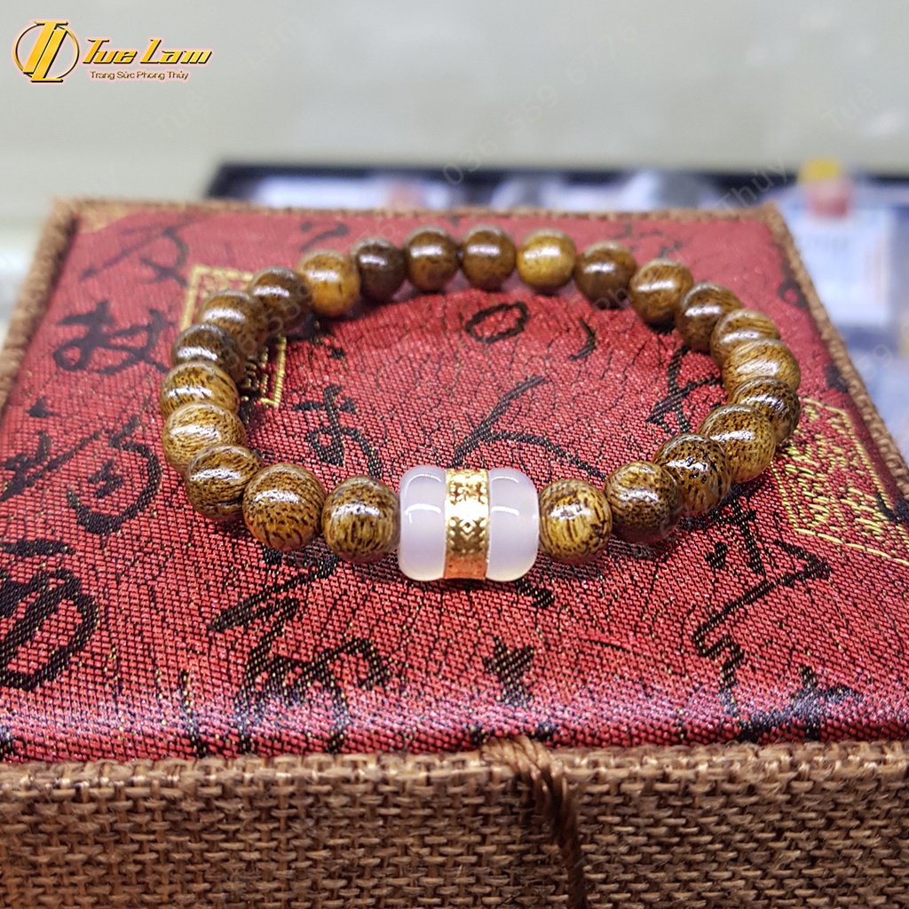 Vòng tay gỗ trầm hương tốc size hạt 8 li mix lu thống phỷ thúy trắng tài lộc may mắn - Tuệ Lâm