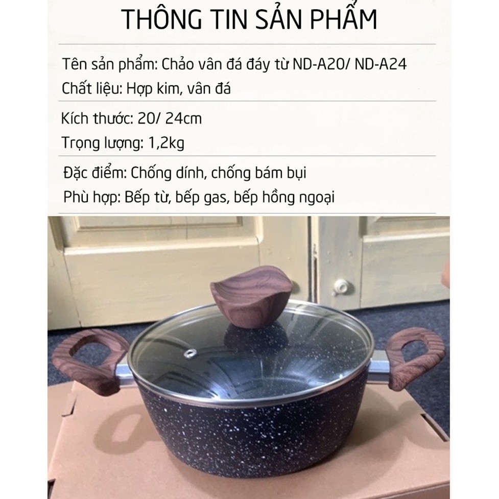 Nồi Vân Đá Đáy Từ Không Dính 2 Tay Cầm Cách Nhiệt Size 20cm 24cm  Nắp Nồi Kính Cường Lực