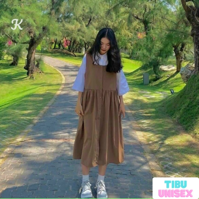 SET VÁY YẾM KSTE BE + ÁO THUN TRẮNG - BỘ ĐẦM 2 DÂY BẢN TO MÀU BE DÁNG DÀI ULZZANG
