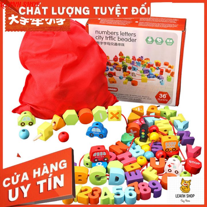 Bộ xâu hạt gỗ 75 tri tiết chữ số và phương tiện giao thông