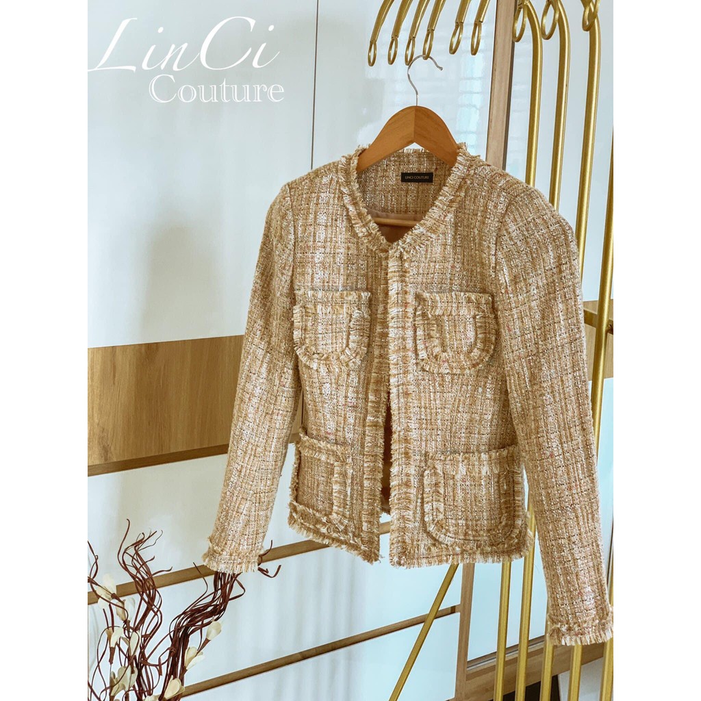 Áo auric nâu sữa, áo khoác tweed thu đông, áo khoác ngoài không cài