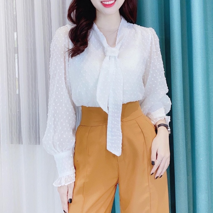 Áo sơ mi thắt nơ vải bông tuyết tay phồng CHUU A5603
