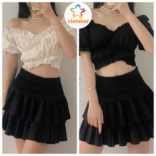 Set chân váy áo croptop trễ vai cổ tim chất thun lụa mềm mát - VIETSTAR