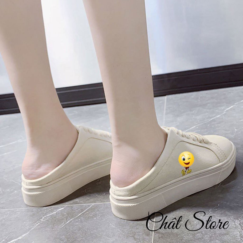 Giày Sục Thể Thao Nữ màu Kem, Sục bata đạp gót đế bánh mì 3cm