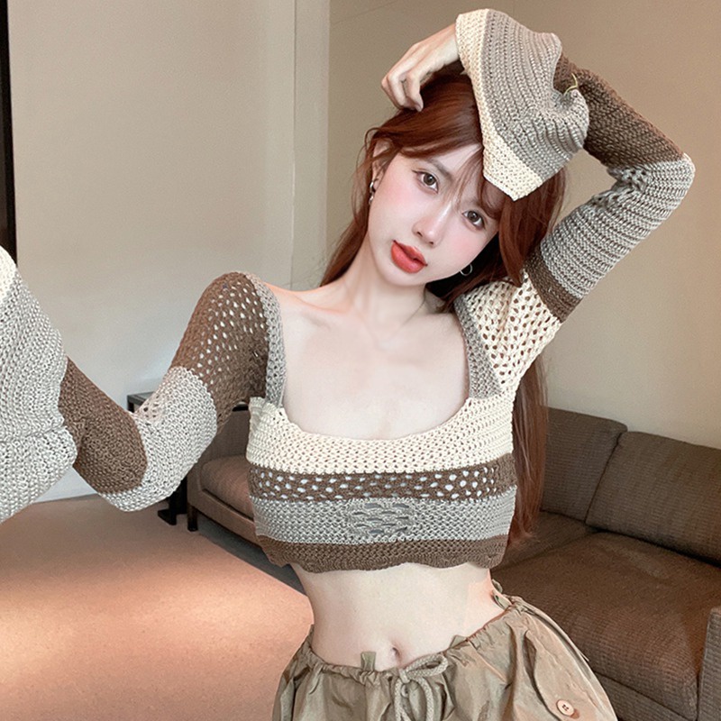 Áo Croptop Dệt Kim Tay Loe Dài Cổ Vuông Họa Tiết Kẻ Sọc Phong Cách Hàn Quốc Thời Trang Cho Nữ