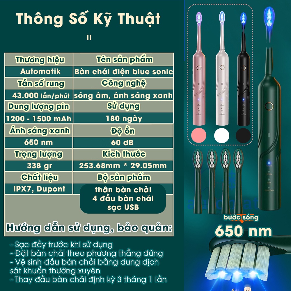 [Ánh Sáng Xanh] Bàn Chải Điện Đánh Răng Tự Động Công Nghệ Sóng Âm, Lông Mềm Mại, Chải Sạch Sâu 4 Chế Độ  - Automatik