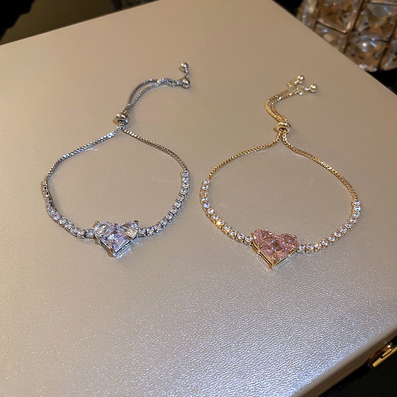 Vòng Tay Đính Đá Zircon Hình Trái Tim Sang Trọng Phong Cách Hàn Quốc Có Thể Đ