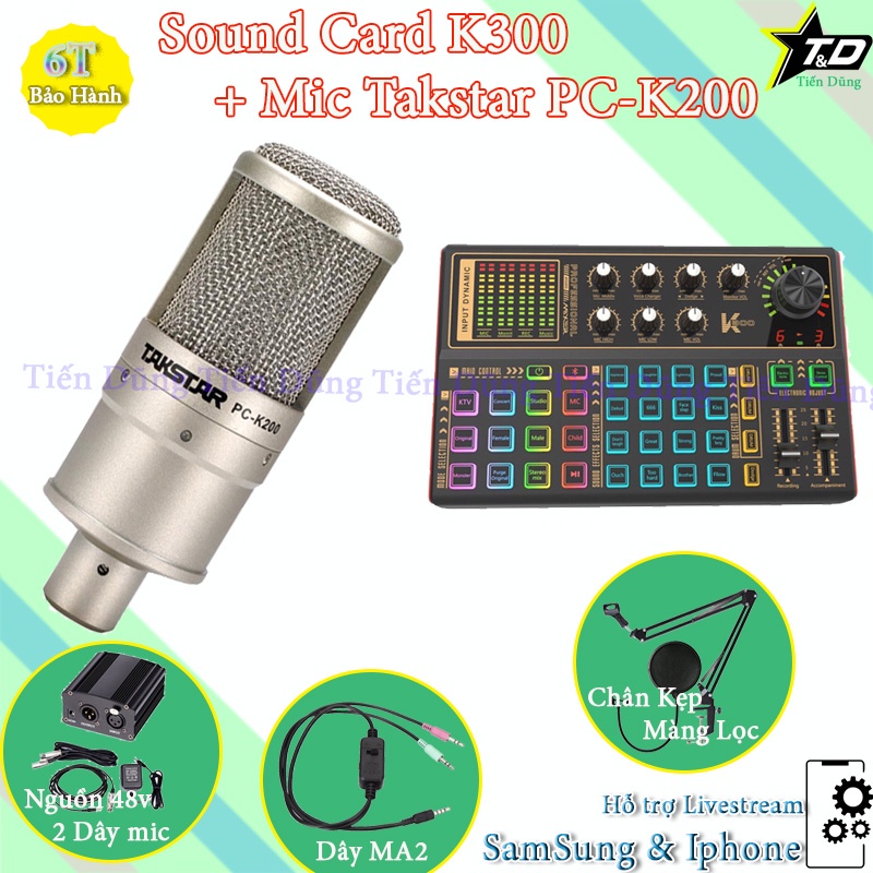 Mic thu âm Takstar PC K200 sound card k300 có autu tune và bluetooth nguồn 48v 2 dây livestream MA2 chân kẹp màng lọc