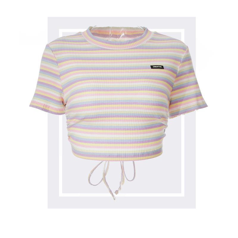 Áo thun nữ hở lưng tay ngắn họa tiết sọc ngang cá tính thời trang mùa hè | BigBuy360 - bigbuy360.vn