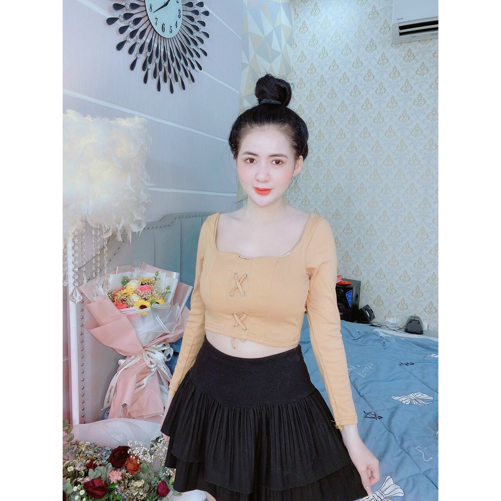 áo body tay dài đan dây x trước cổ vuông xinh tôn dáng siêu hot ảnh thật