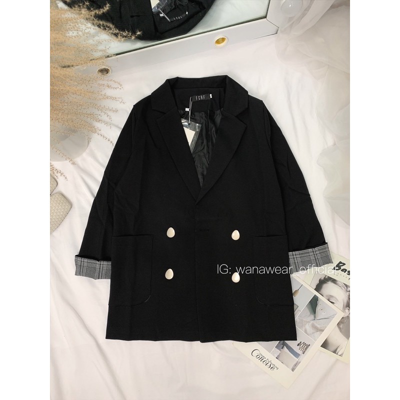 Áo blazer nữ form rộng WANAWEAR khoác nữ đen cao cấp 2 lớp dày dặn có đệm vai sang chảnh Hàn Quốc | BigBuy360 - bigbuy360.vn