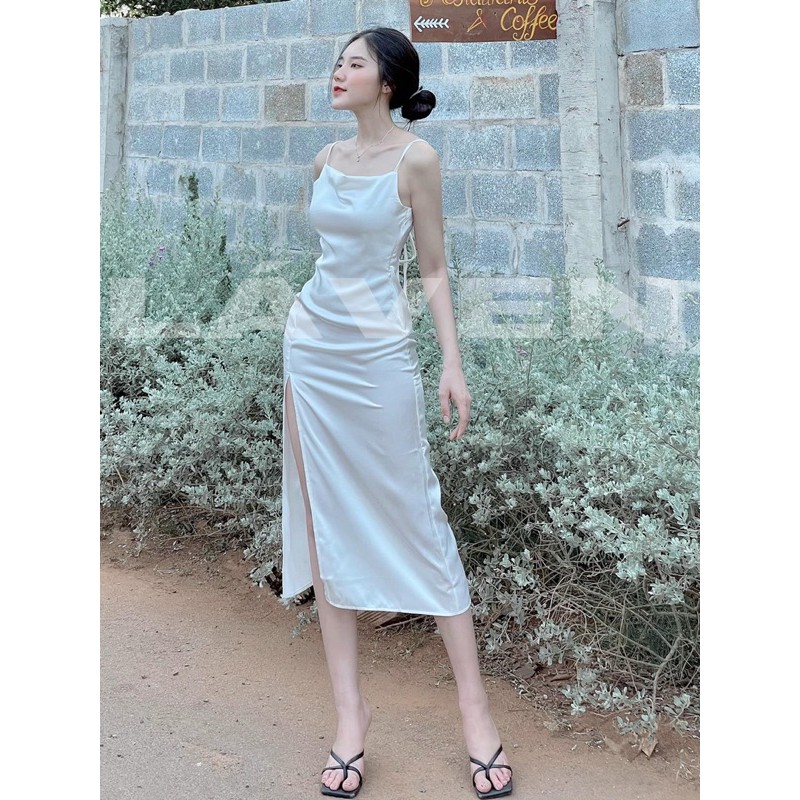 [Mã SKAMA06 giảm 8% tối đa 50K đơn 250K] Đầm body xẻ tà phi lụa nơ lưng có mút ngực hình thật+video | BigBuy360 - bigbuy360.vn