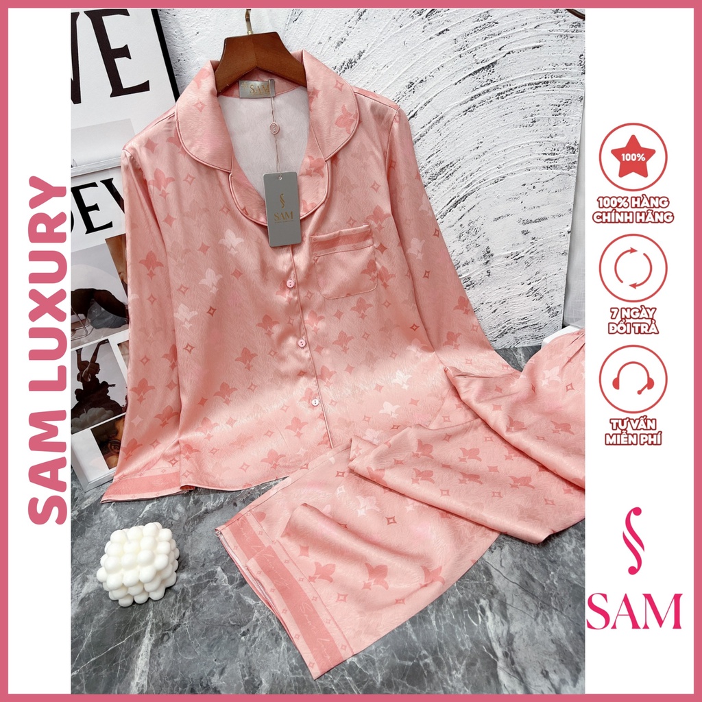 Bộ mặc nhà lụa vân Sam luxury, pijama lụa dài tay cao cấp
