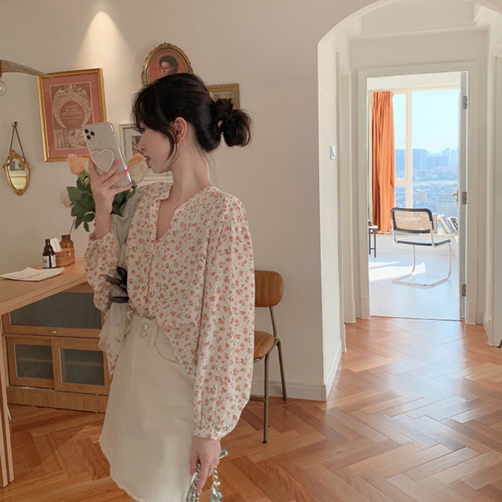 Áo Sơ Mi Dài Tay In Hoa Xinh Xắn Theo Phong Cách Hàn Quốc