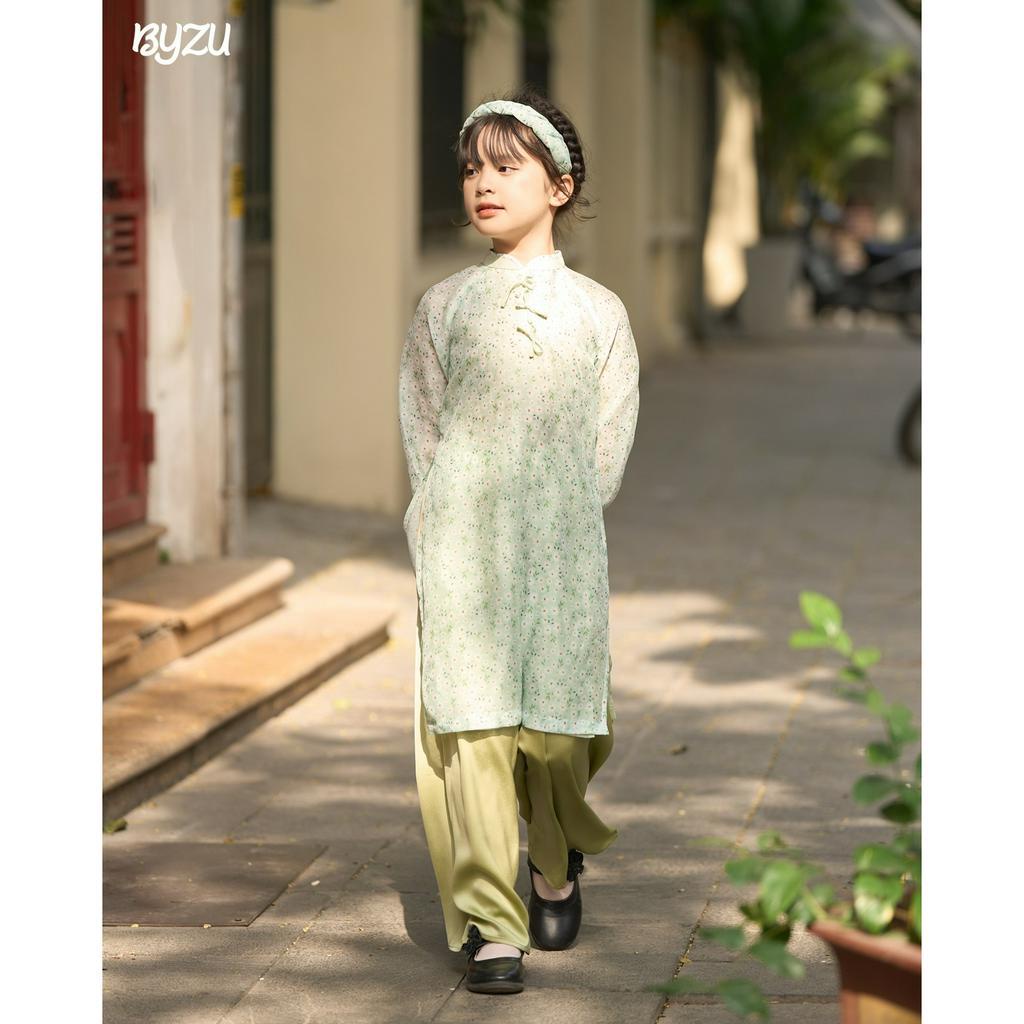 Áo Dài Bé Gái BYZU Chất Vải Tơ Hoa Nhí Đính Nơ Ngực Phối Tay Bồng ADT2301
