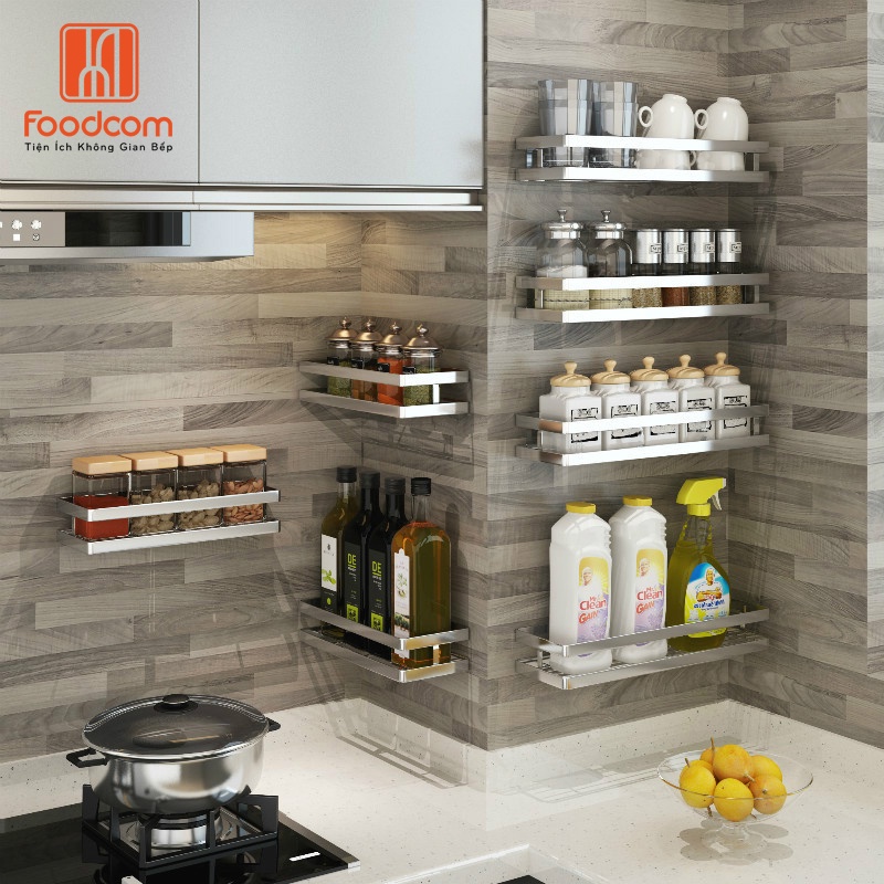 Kệ gia vị dán tường FOODCOM đa năng dùng cho phòng bếp, nhà tắm, sử dụng keo dán 3M chắc chắn.