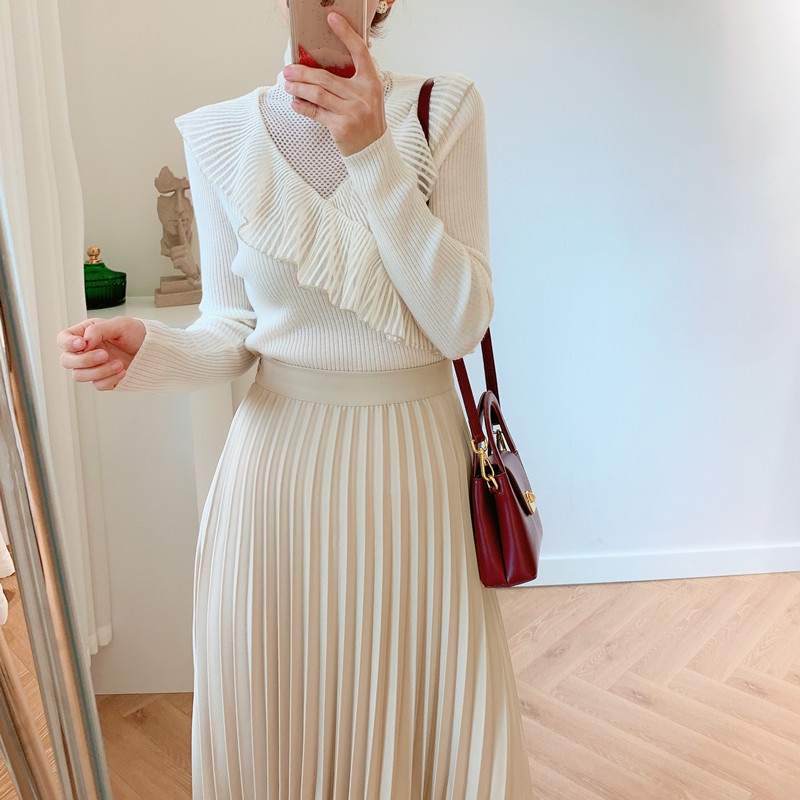 Chân váy julia studio xếp ly màu trắng kéo khóa bên hông form đẹp độ dài vừa phải | BigBuy360 - bigbuy360.vn