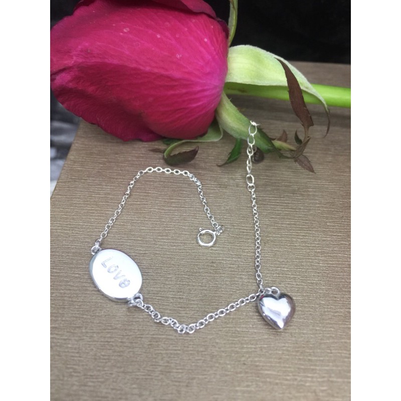 Lắc tay dây tim phồng nhỏ bạc thật chữ Love trơn 2 dây 1 viên đá