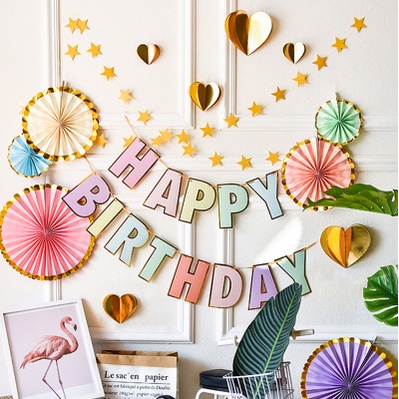 Dây chữ HAPPY BIRTHDAY viền vàng ép kim trang trí tiệc sinh nhật