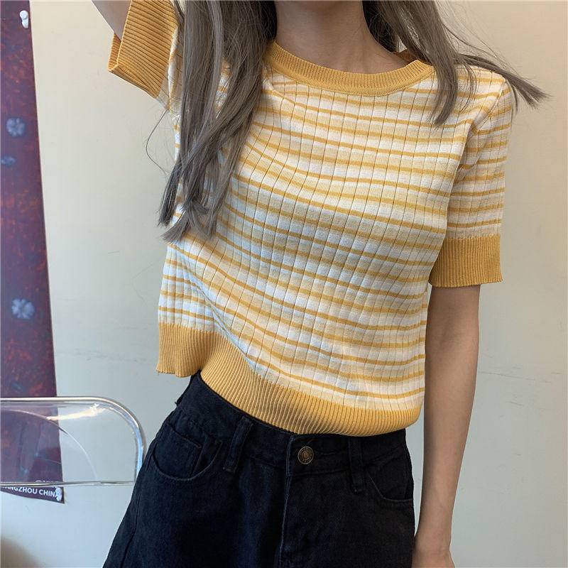 Áo Thun Dệt Kim Tay Ngắn Dáng Ôm Họa Tiết Kẻ Sọc Thời Trang Cho Nữ