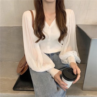 Áo len dài tay mỏng tay bồng nữ mùa xuân và mùa thu phong cách hàn quốc nhẹ nhàng