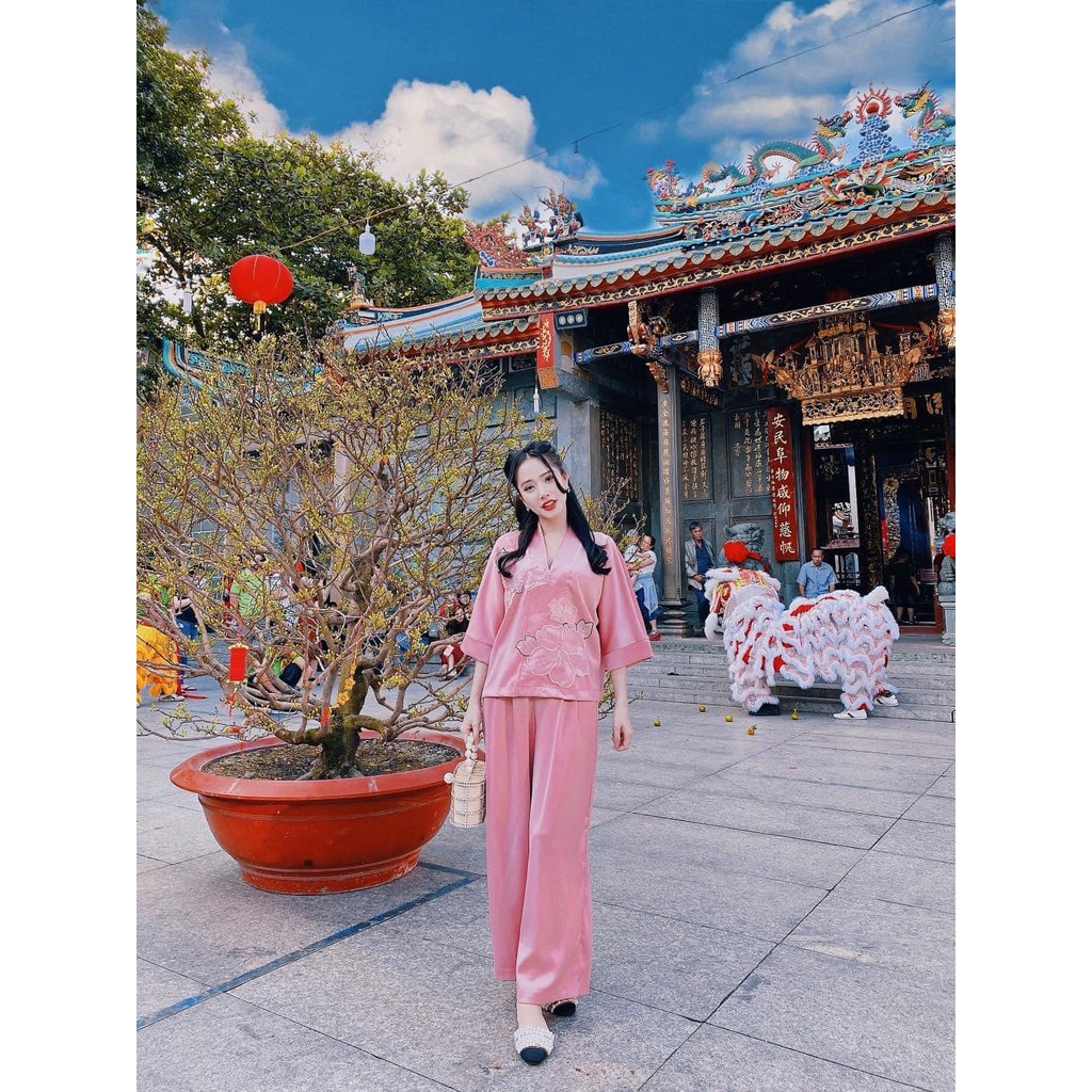 Bộ Đi Lễ Chùa - Đồ Lam Nữ Đi Chùa Đẹp Cao Cấp Trang Nhã Vải Lụa Hoa Nổi 2021 Dành Cho Phật Tử AL002