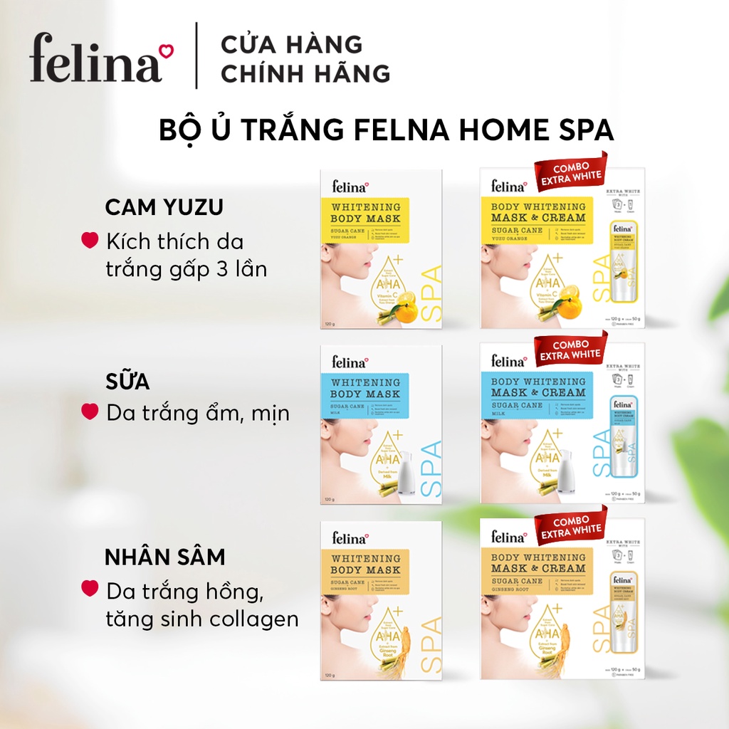 Combo mặt nạ ủ trắng da toàn thân AHA từ đường mía Felina 120g và kem ủ trắng da toàn thân Felina 50g tinh chất Cam Yuzu | BigBuy360 - bigbuy360.vn