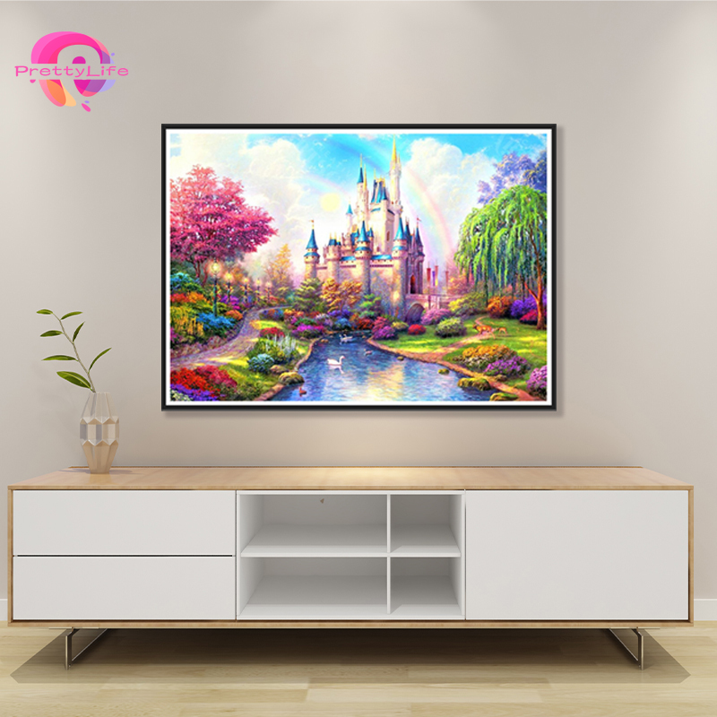 Bộ tranh đính đá 5D tự làm hình lâu đài cầu vồng độc đáo kích thước 40x30cm trang trí nhà cửa