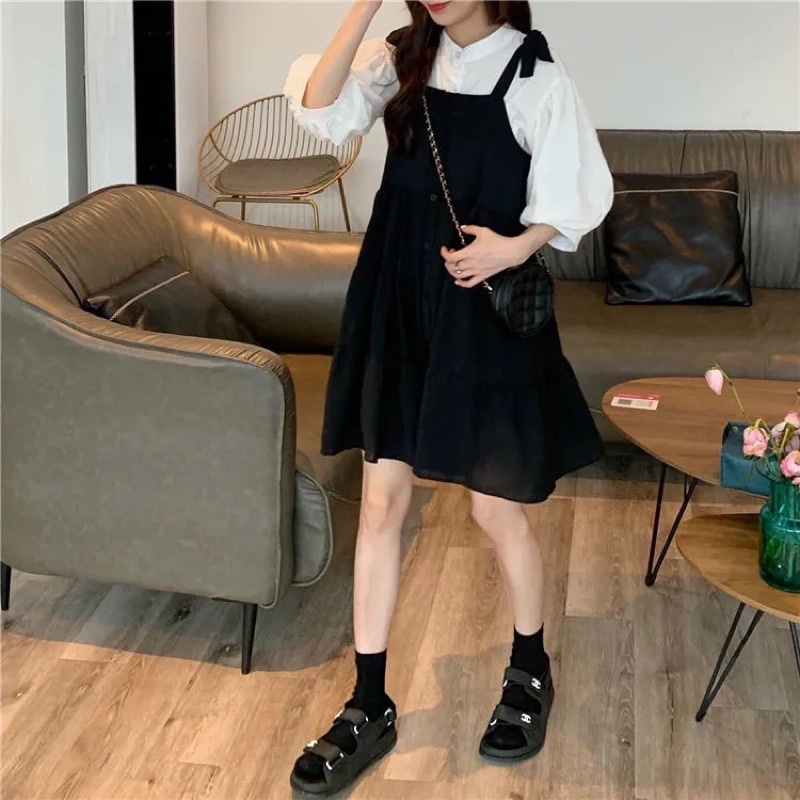 Set Áo Trắng + Váy Hai Dây Đen Ulzzang Nữ M30