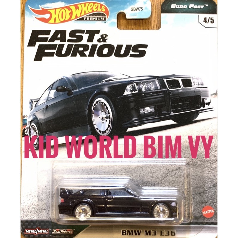 Xe mô hình Hot Wheels Premium Fast &amp; Furious Euro Fast Series BMW M3 E36 GPK53, bánh cao su.