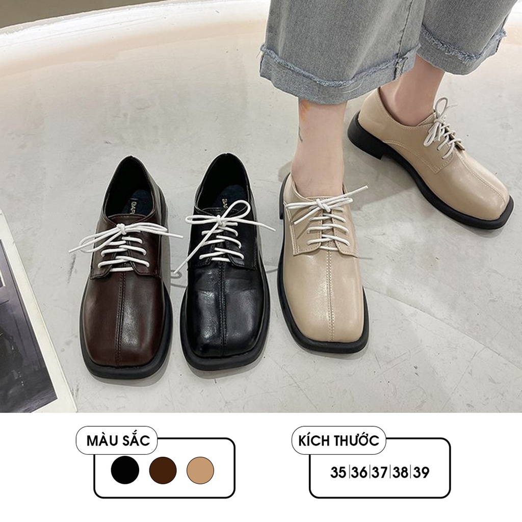 Giày Nữ Ulzzang Vintage, Giày Oxford Doctor Mũi Vuông Da Mềm Thắt Dây Trắng Đế Độn 3cm, Hàn Quốc - Iclassy_shoes