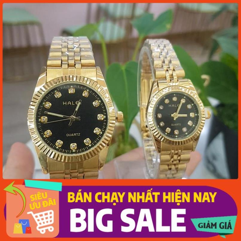 Đồng hồ cặp đôi nam nữ Halei dây thép vàng mặt đen số ngọc chính hãng chống nước 3atm Tony Watch 68