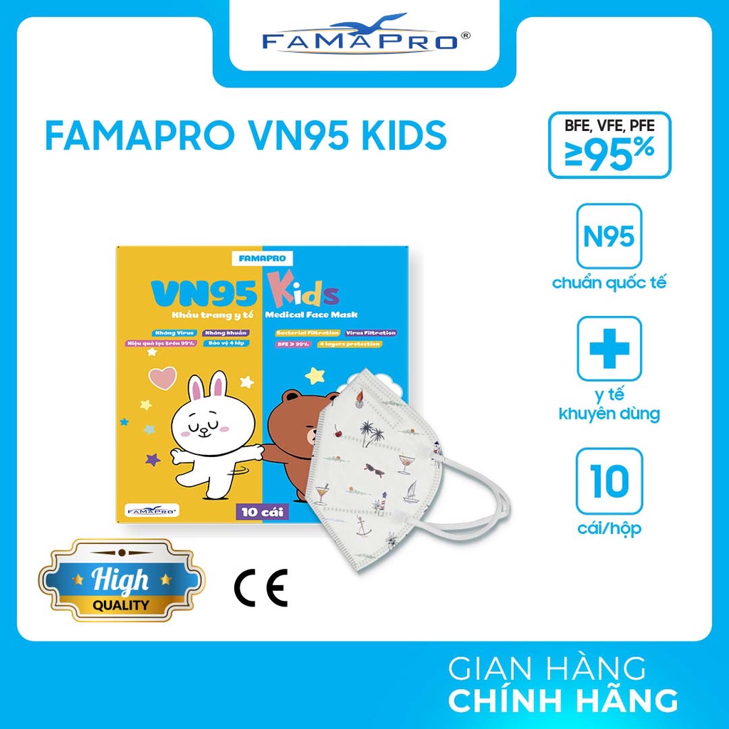 Khẩu trang y tế trẻ em kháng khuẩn 4 lớp Famapro VN95 Kids cho trẻ 4-8 tuổi (10 cái/hộp)