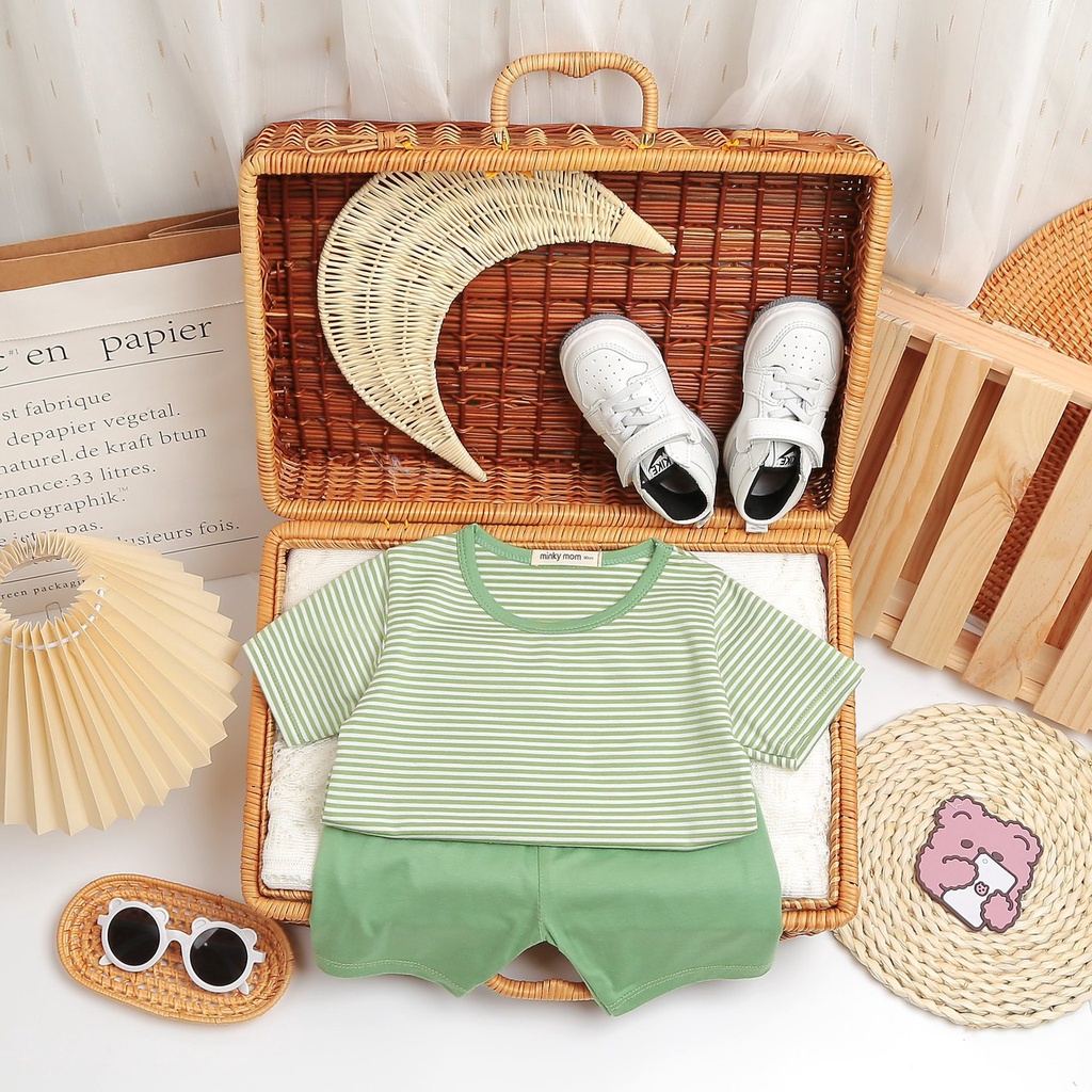 Bộ ngắn tay thun lạnh sọc dệt Minky Mom cho bé trai bé gái từ 7-26kg