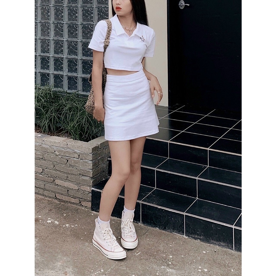 Set áo crotop POLO áo thiêu gấu chân váy trắng xinh QD MSP016