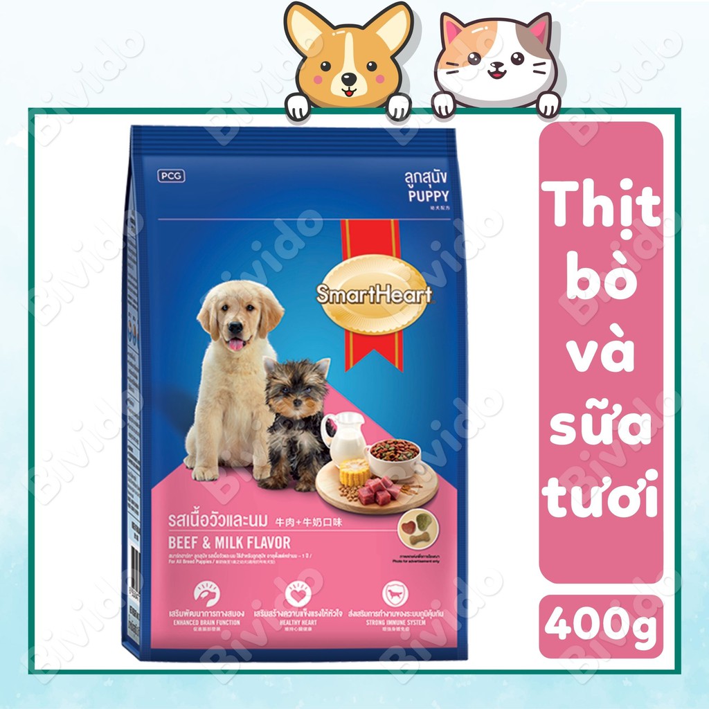 Thức ăn chó con Smartheart Puppy vị thịt bò và sữa tươi túi 400g - Bivido