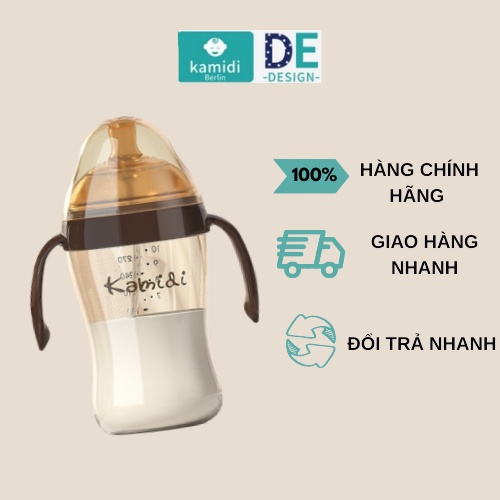 Bình sữa Kamidi PPSU tay cầm kết hợp núm sữa silicon và van chống sặc mô phỏng đầu ti mẹ