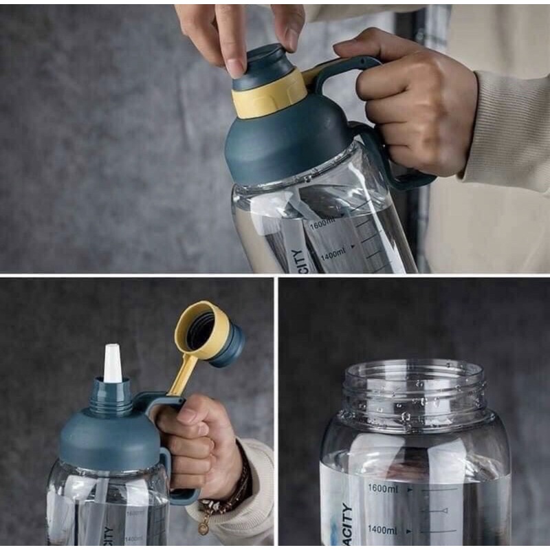 Bình nước 1800 ml có tay cầm Tặng kèm ống hút,  Bình nước 1 lít 8 siêu to khổng lồ