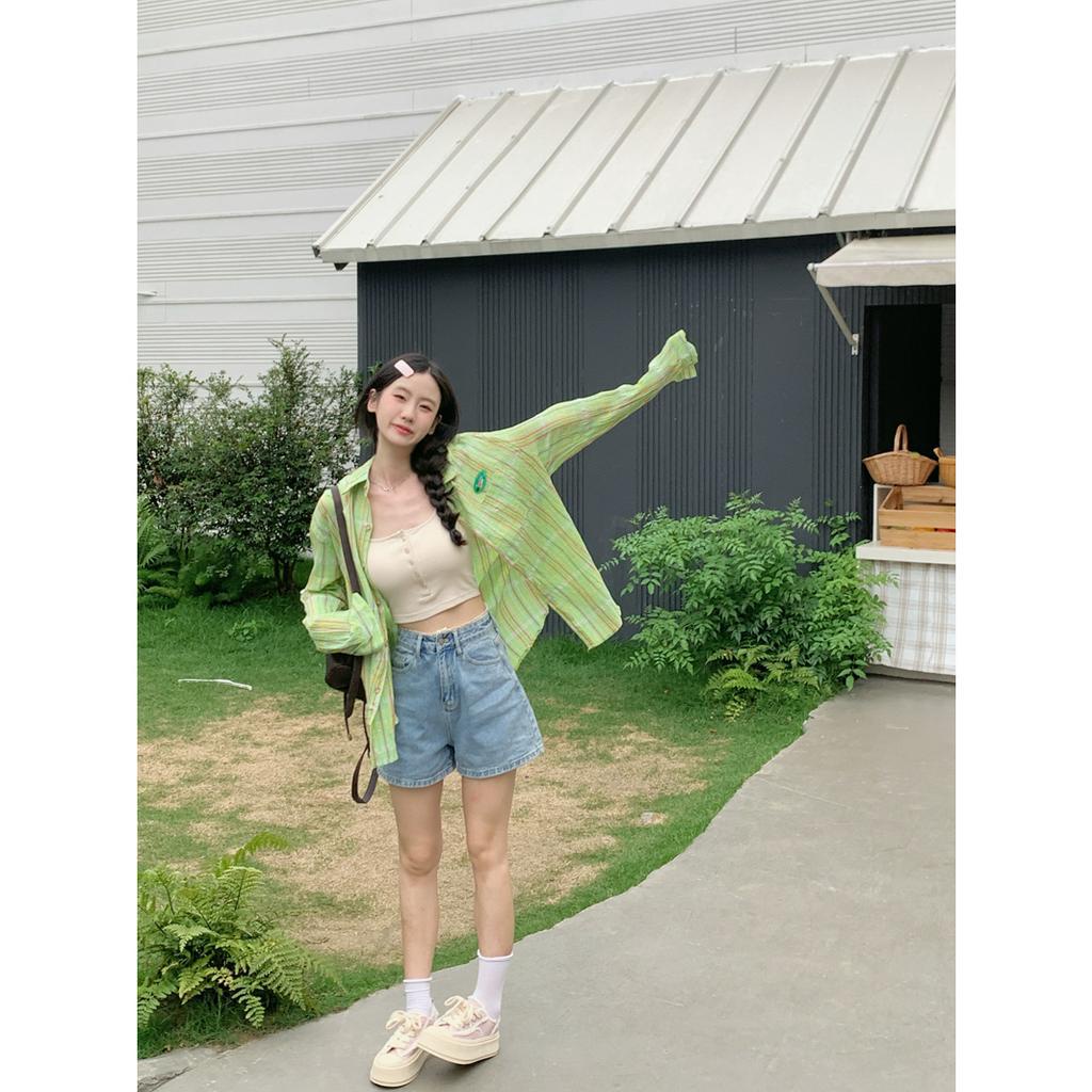 「 WELOVE1 」Áo Sơ Mi Nữ Tay Dài Dáng Rộng Họa Tiết Caro Màu Xanh Lá Phong Cách Retro Mùa Hè Mới